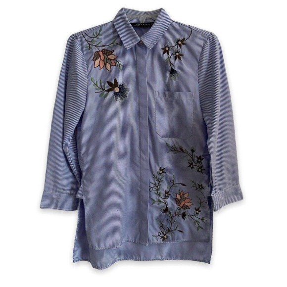 Zara Tops - Zara Woman Size XS Embroidered Button Up Shirt Blue Pinstripe Floral Hi Low GUC